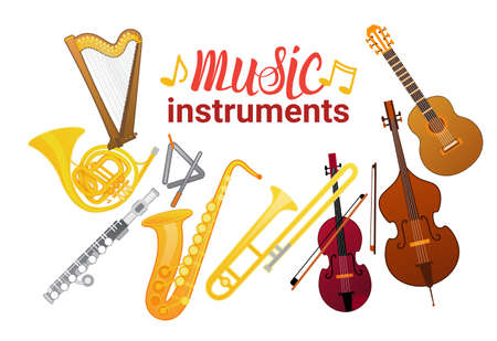 Music Instruments Set Banner With Copy Space Musical Concept Flat Vector Illustrationのイラスト素材