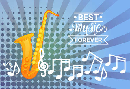 Saxophone With Notes Pop Art Banner Best Music Instrument Concept Flat Vector Illustrationのイラスト素材