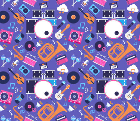 Seamless Pattern Music Instruments And Equipment Electronics Icons Flat Vector Illustrationのイラスト素材