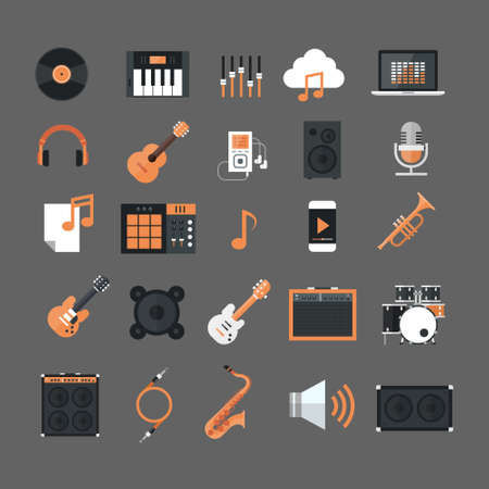 Music Instruments And Equipment Electronics Icons Set Button Collection Flat Vector Illustrationのイラスト素材
