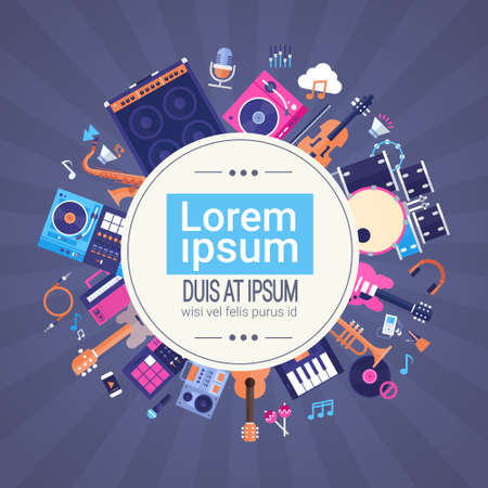 Music Instruments And Equipment Electronics Icons Banner With Copy Space Flat Vector Illustrationのイラスト素材
