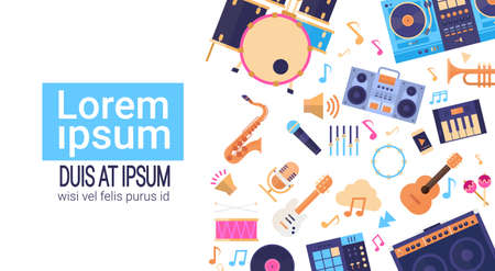 Music Instruments And Equipment Electronics Icons Banner With Copy Space Flat Vector Illustrationのイラスト素材
