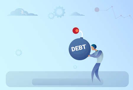 Business Man Hold Bomb Credit Debt Finance Crisis Concept Flat Vector Illustrationのイラスト素材