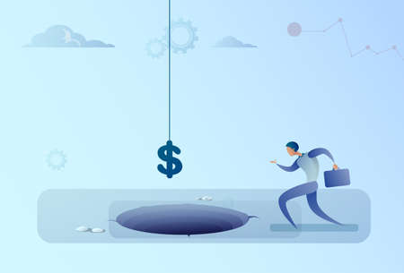 Business Man Run To Dollar Sign Falling In Hole Finance Crisis Concept Flat Vector Illustrationのイラスト素材