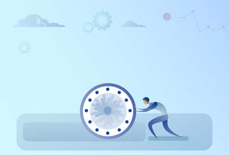Business Man Pushing Clock Time Management Deadline Concept Vector Illustrationのイラスト素材