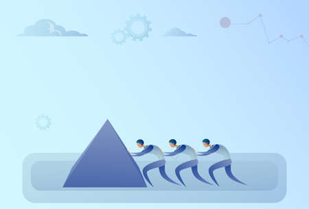 Business People Group Pushing Stone Together Teamwork Cooperation Concept Flat Vector Illustrationのイラスト素材