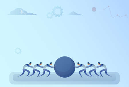 Business People Group Two Team Pushing Stone Together Teamwork Cooperation Concept Flat Vector Illustrationのイラスト素材