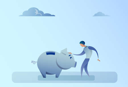 Business Man Holding Piggy Bank Money Savings Concept Flat Vector Illustrationのイラスト素材