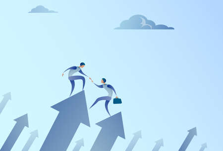 Two Businessmen Stand On Financial Arrow Up Holding Hands Successful Business Team Development...