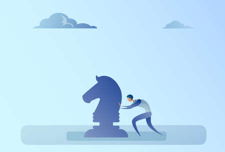 Business Man Pushing Chess Figure Brainstorming Strategy Planning Process Concept Vector Illustrationのイラスト素材