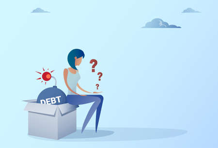 Business Woman Sitting On Bomb Credit Debt Finance Crisis Concept Flat Vector Illustrationのイラスト素材