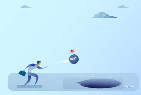 Business Man Throwing Bomb Credit Debt In Hole Freedom Finance Crisis Concept Flat Vector Illustrationのイラスト素材