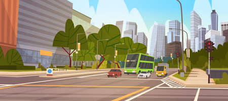 City Street Skyscraper Buildings Road View Modern Cityscape Singapore Downtown Flat Vector Illustrationのイラスト素材