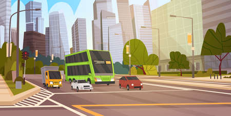 City Street Skyscraper Buildings Road View Modern Cityscape Singapore Downtown Flat Vector Illustrationのイラスト素材