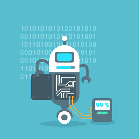Modern Robot Battery Charge Message Artificial Intelligence Technology Concept Flat Vector Illustrationのイラスト素材