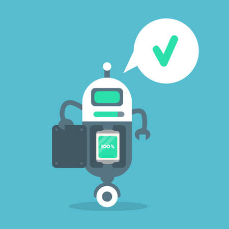 Modern Robot Full Battery Charge Message Artificial Intelligence Technology Concept Flat Vector Illustrationのイラスト素材
