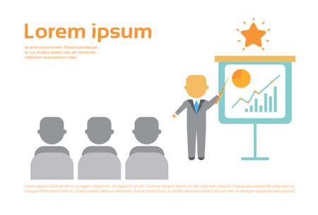 Presentation Business Man Showing Flip Chart With Finance Graph, Training Conference Meeting Flat Illustrationのイラスト素材