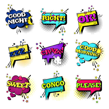 Comic Speech Chat Bubble Set Pop Art Style Sound Expression Text Icons Collection Vector Illustrationのイラスト素材