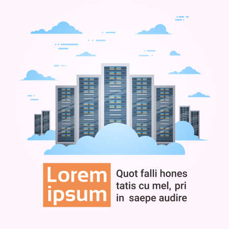 Data Center Cloud Connection Hosting Server Computer Information Database Synchronize Technology Flat Vector Illustrationのイラスト素材