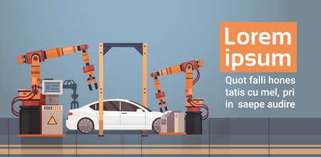 Car Production Conveyor Automatic Assembly Line Machinery Industrial Automation Industry Concept Flat Vector Illustrationのイラスト素材