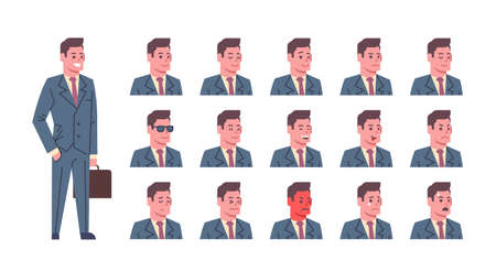 Male Smiling Emotion Icons Set Isolated Avatar Man Facial Expression Concept Face Collection Vector Illustrationのイラスト素材