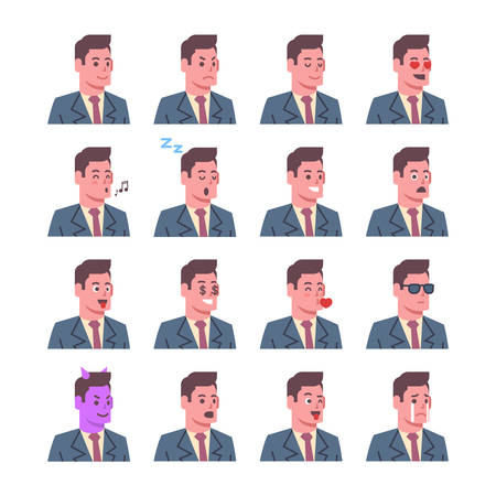 Male Smiling Emotion Icons Set Isolated Avatar Man Facial Expression Concept Face Collection Vector Illustrationのイラスト素材