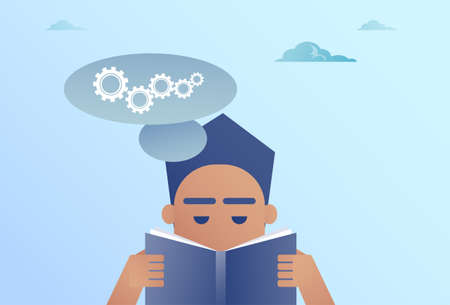 Business Man Reading Book Chat Bubble With Cogwheel Brainstorming Process Concept Vector Illustrationのイラスト素材