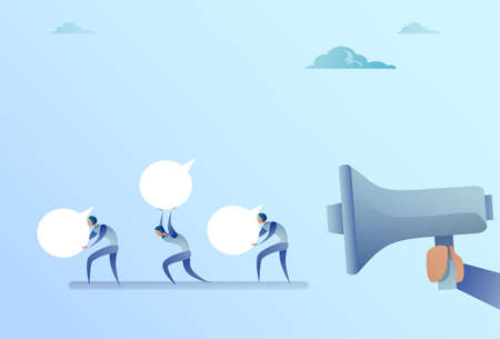 Group Of Businesspeople Hold Chat Bubble From Business Man Boss Hand With Megaphone Flat Vector Illustrationのイラスト素材