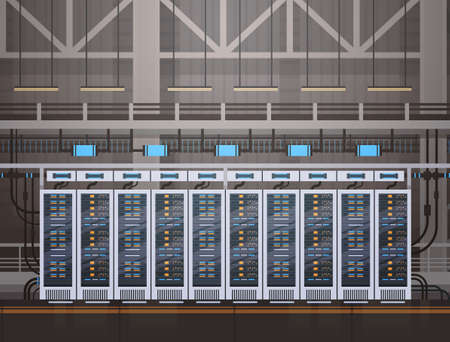 Data Center Room Hosting Server Computer Information Database Synchronize Technology Flat Vector Illustrationのイラスト素材