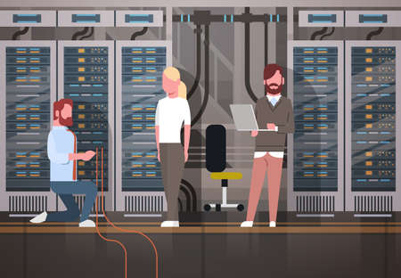 People Working In Data Center Room Hosting Server Computer Monitoring Information Database Flat...