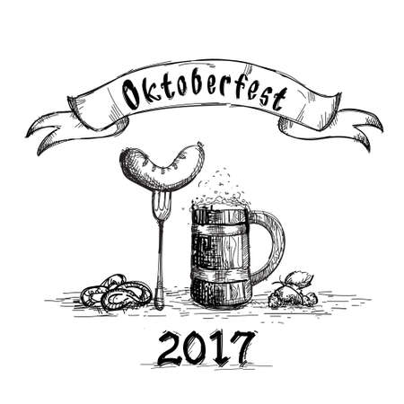 Beer Wooden Mug With Sausage Sketch Oktoberfest Festival Banner Vector Illustrationのイラスト素材