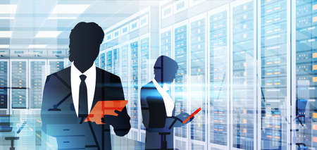 Silhouette People Working In Data Center Room Hosting Server Computer Information Database Flat...
