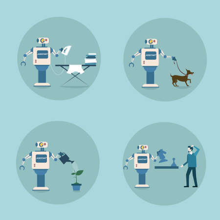 Modern Robot Icon Set Futuristic Artificial Intelligence Mechanism Housekeeping Technology Flat Vector Illustrationのイラスト素材