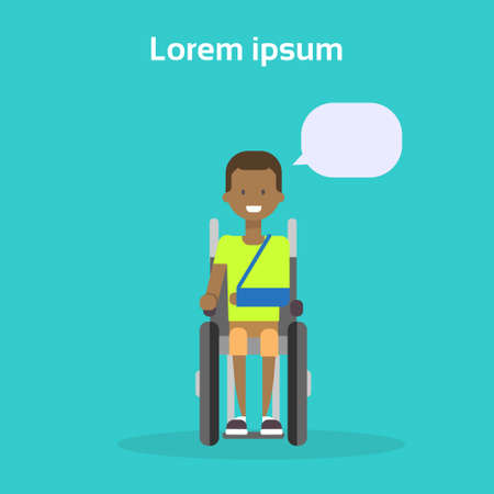 Young Man On Wheel Chair Happy African American Male Disabled Smiling Sit On Wheelchair Disability Concept Flat Vector Illustrationのイラスト素材