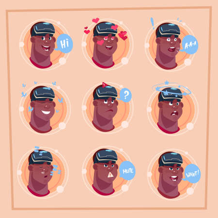 Man Different Face African American Male Emoji Wearing 3d Virtual Glasses Emotion Icon Avatar Facial...