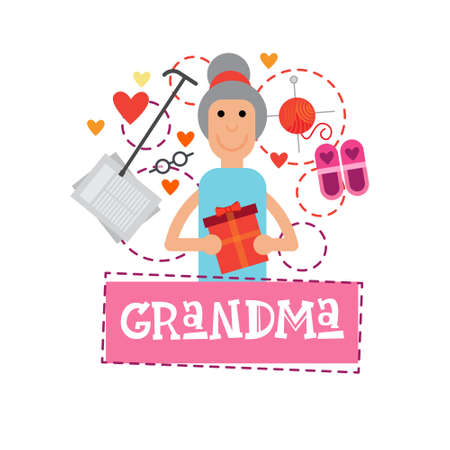 Grandmother Holding Present Box Happy Grandparents Day Greeting Card Banner Vector Illustrationのイラスト素材