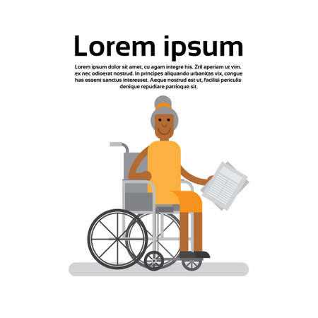 Senior African American Woman On Wheel Chair Grandmother Lady Flat Vector Illustrationのイラスト素材