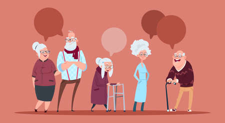 Group Of Senior People With Chat Bubble Walking With Stick Modern Grandfather And Grandmother Full Length Flat Vector Illustrationのイラスト素材