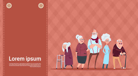 Group Of Senior People With Stick Modern Grandfather And Grandmother Full Length Flat Vector Illustrationのイラスト素材