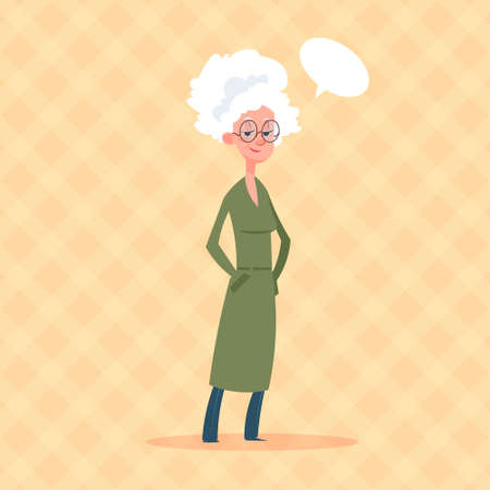 Senior Woman With Chat Bubble Modern Grandmother Full Length Lady Flat Vector Illustrationのイラスト素材