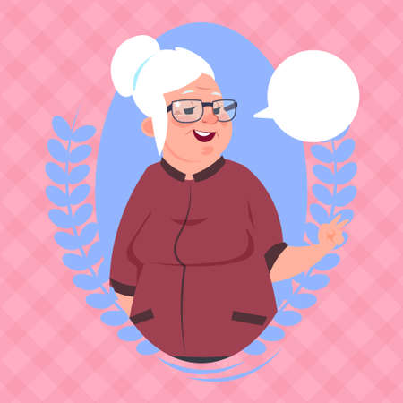 Senior Woman With Chat Bubble Modern Grandmother Icon Lady Flat Vector Illustrationのイラスト素材