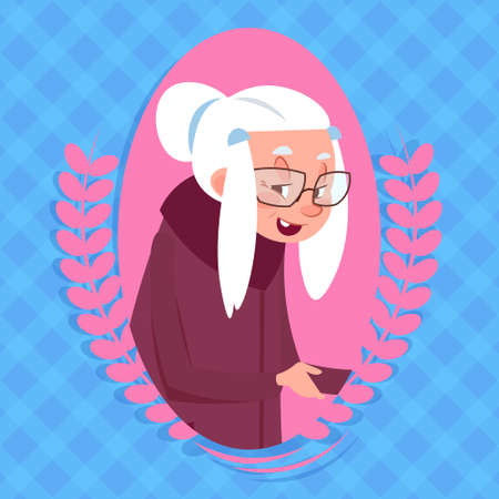Senior Woman With Chat Bubble Modern Grandmother Icon Lady Flat Vector Illustrationのイラスト素材