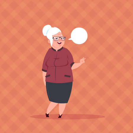 Senior Woman With Chat Bubble Modern Grandmother Full Length Lady Flat Vector Illustrationのイラスト素材