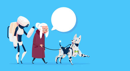 Senior Woman Walking With Robots Dog Chat Bubble Modern Grandmother Lady Flat Vector Illustrationのイラスト素材
