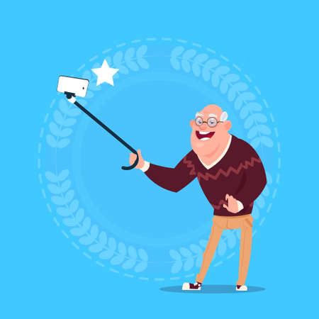 Senior Man Taking Selfie Photo With Self Stick Grandfather Full Length Flat Vector Illustration