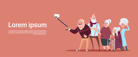 Group Of Senior People Taking Selfie Photo With Self Stick Modern Grandfather And Grandmother Flat Vector Illustrationのイラスト素材