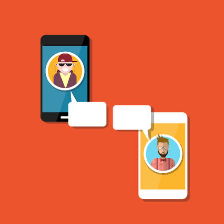 People Speak Cell Smart Phone Chat Social Network Communication Flat Vector Illustrationのイラスト素材