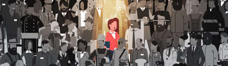 Businesswoman Leader Stand Out From Crowd Individual, Spotlight Hire Human Resource Recruitment Candidate People Group Business Team Concept Vector Illustrationのイラスト素材