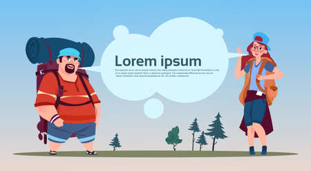 Travelers Group With Backpacks Happy Young People On Hike Banner With Copy Space Flat Vector Illustrationのイラスト素材