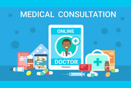 Medical Consultation Online Doctor Health Care Clinics Hospital Service Medicine Banner Flat Vector Illustrationのイラスト素材
